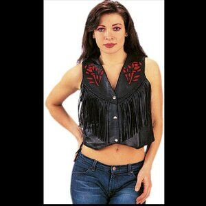 Interstate Leather Black Leather Fringe Vest with Red Roses Sz XXL